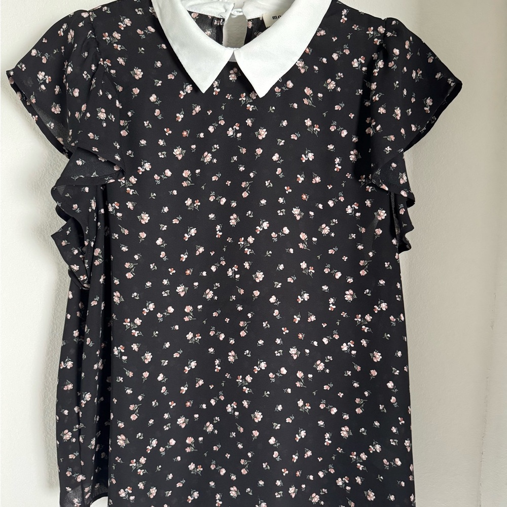 Monteau Black Floral Blouse with White Collar size m